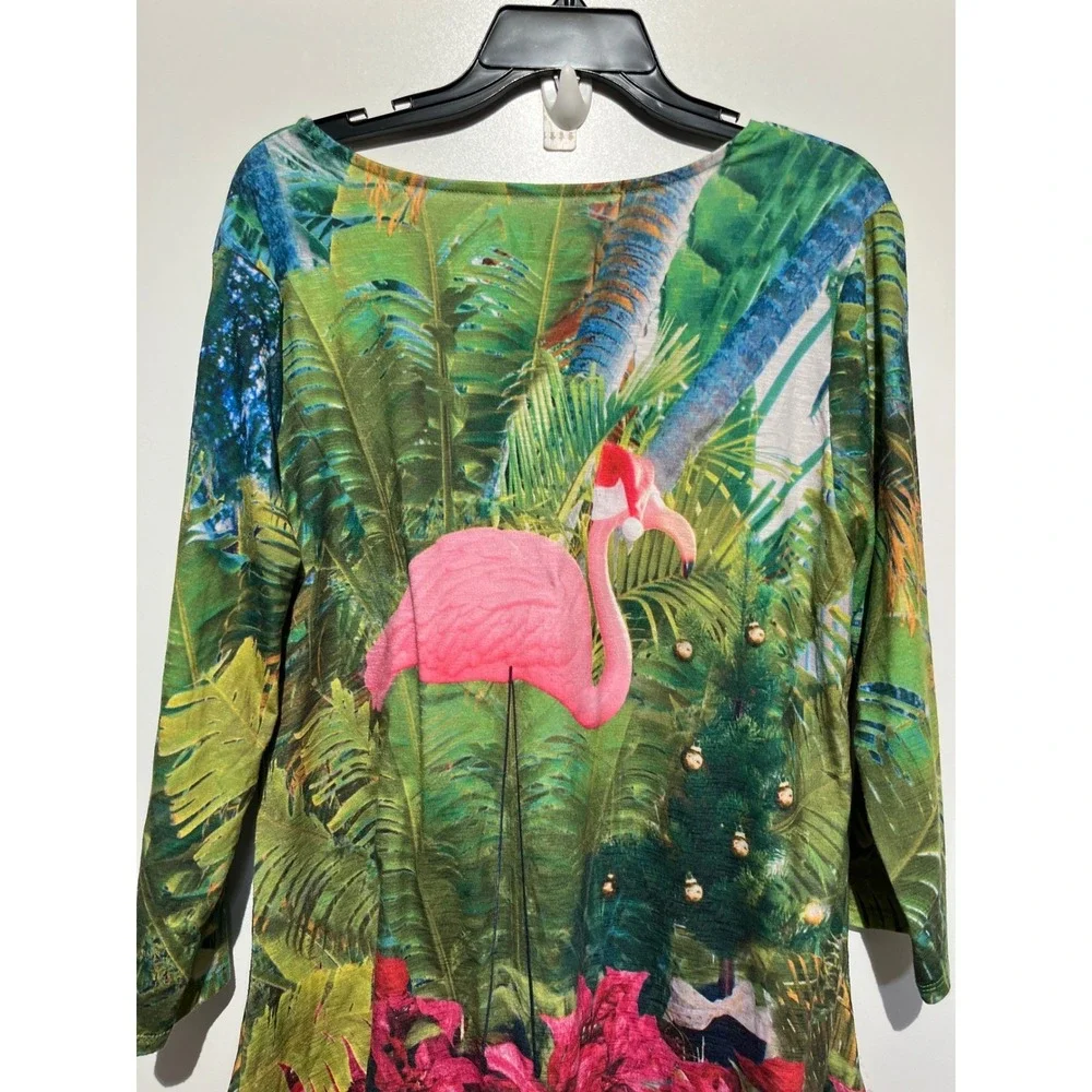 Sun Bay Flamingo Christmas Tropical Tunic Top Large UPF 30 3/4 Sleeve Green Pink